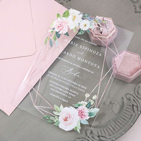 modern rose gold geometric with pink rose floral acrylic wedding invitations CWIA36